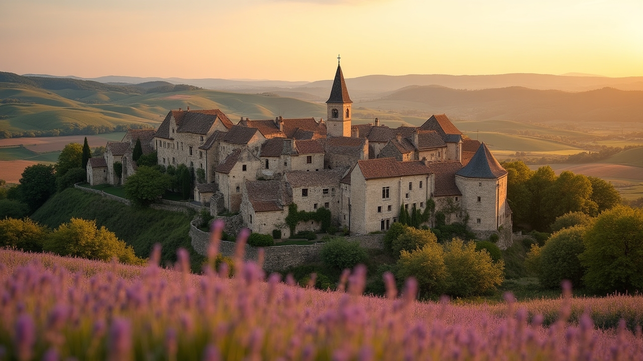 Village rural français avec patrimoine architectural