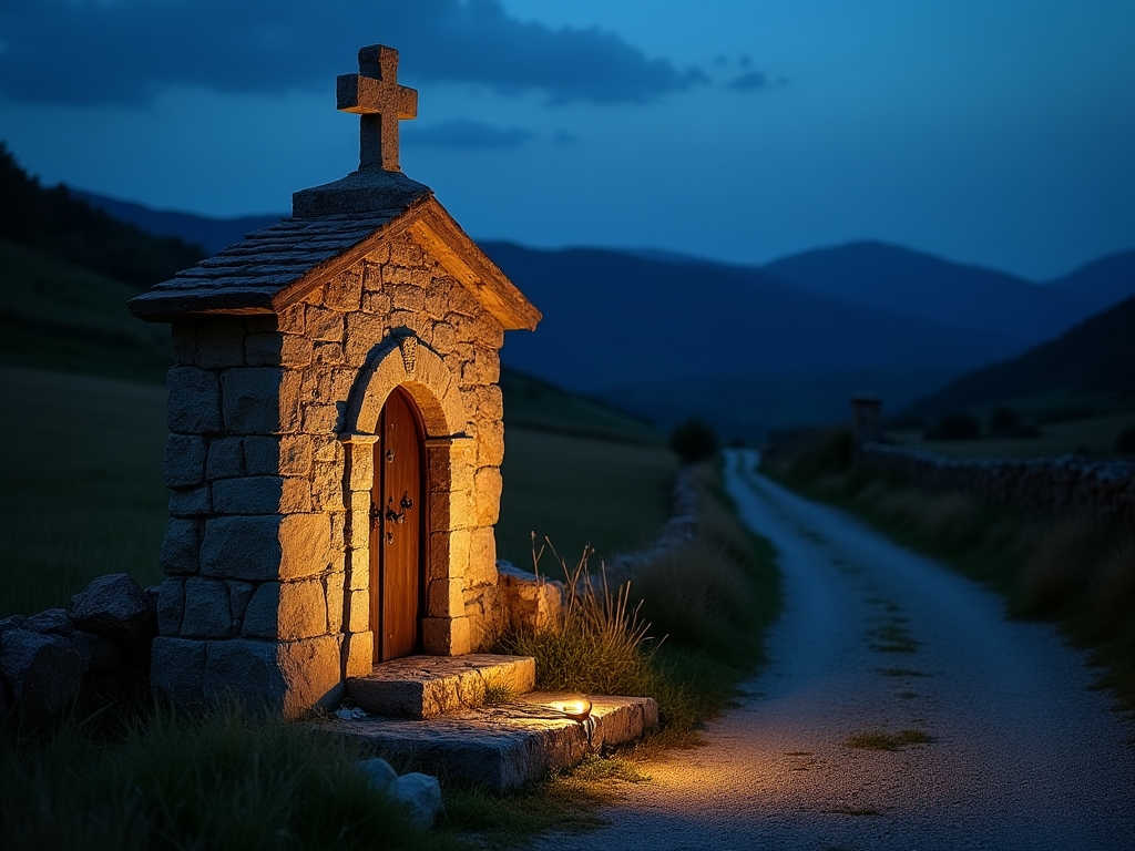 Petit monument rural mis en valeur par un éclairage naturel