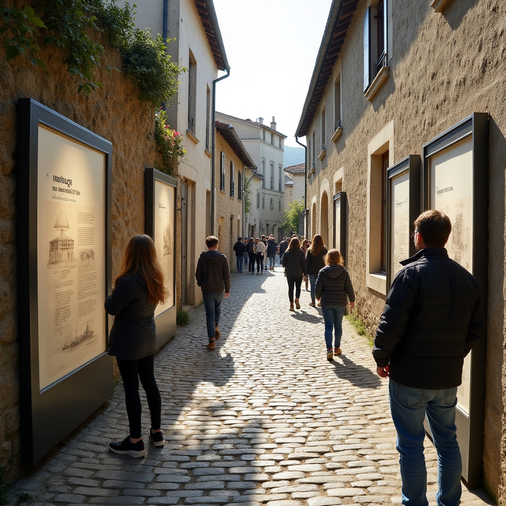 Parcours de découverte dans un village avec signalétique