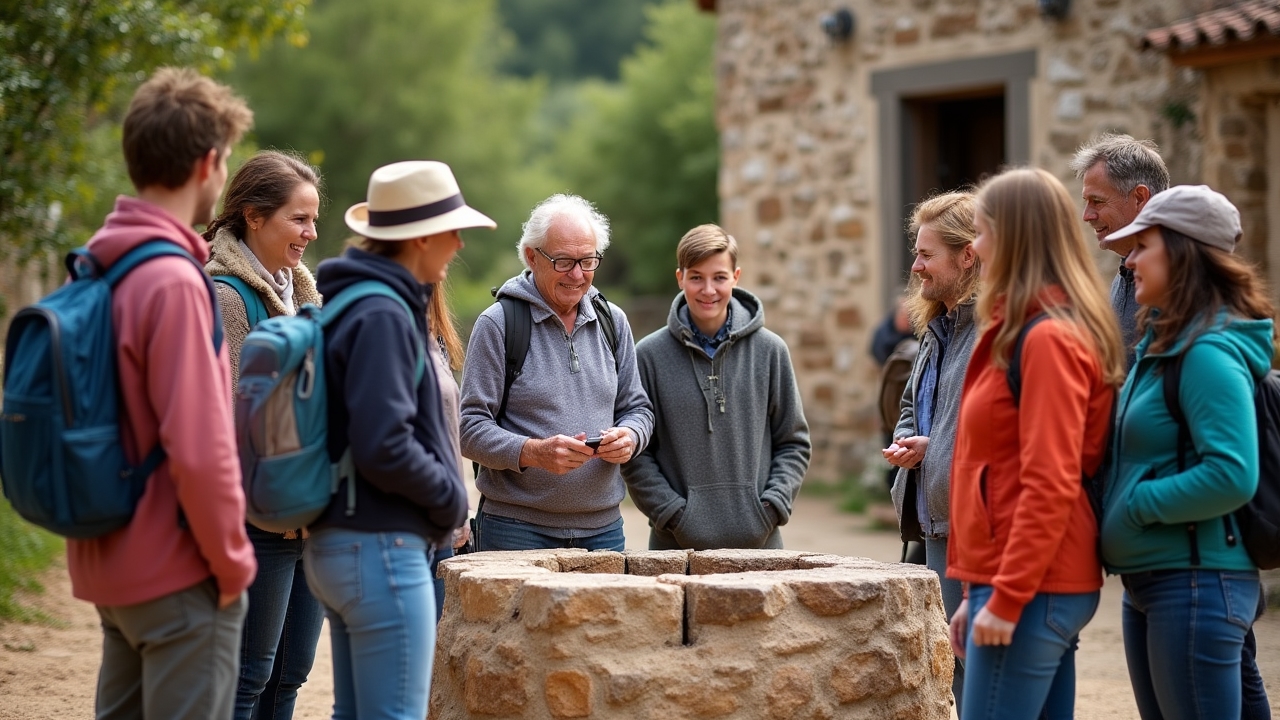 Groupe de touristes visitant un village rural